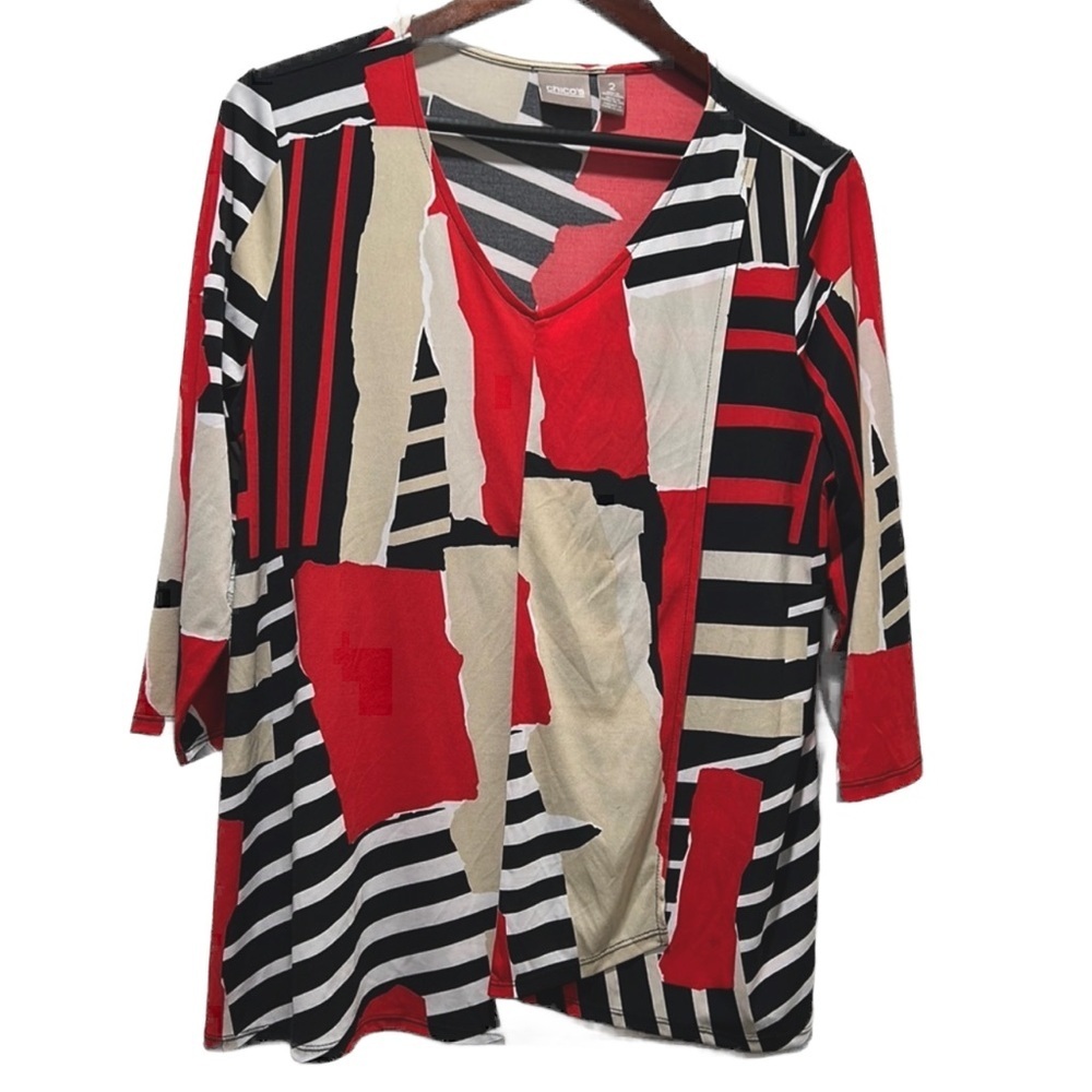 CHICO’S MULTICOLOR GEOMETRIC red&Black  blouse size 2 GUC..